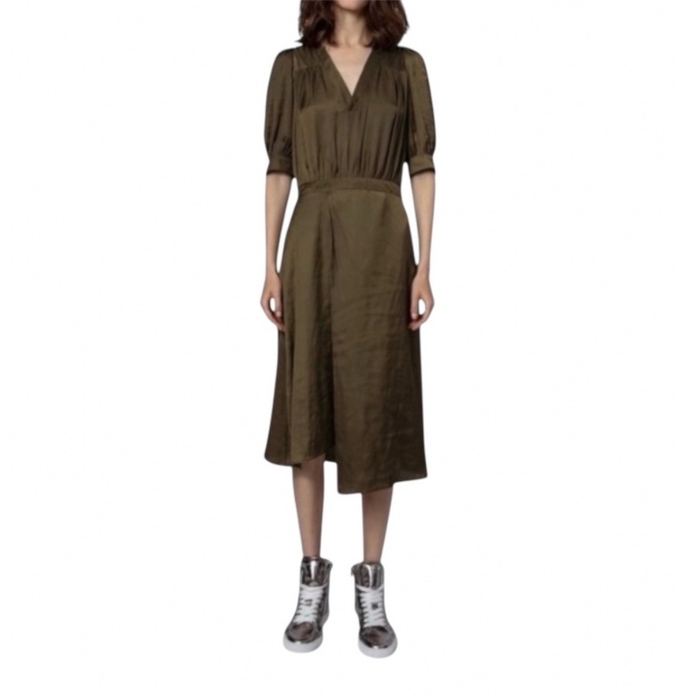 Zadig & Voltaire Ralia Satin Dress Olive Green Bronze V Short Sleeve Large